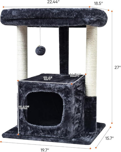 SYANDLVY 27IN Cat Tree for Indoor Cats Large Adult, Modern Activity Tower with Scratching Posts, Condo with Plush Perch, Climbing Stand with Spring Ball for Play, Smoky