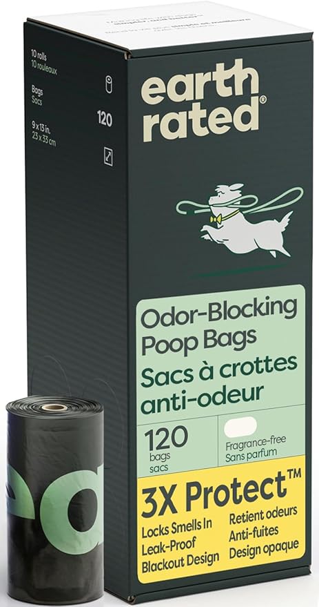 Earth Rated 3X Protect Dog Poop Bag Rolls, Odor Blocking Leak Proof Extra Thick, Unscented, 120 Count