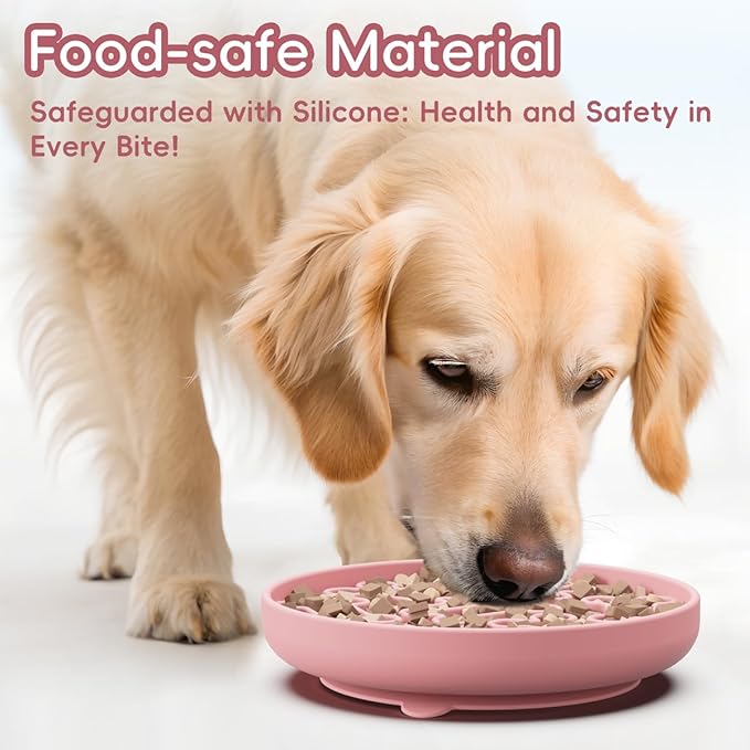 Silicone Slow Feeder Dog Bowl – Pink Bone Pattern | Food-Grade Non-Slip Dog Dish for Anti-Bloat, Fast Eating Prevention, 7.5” x 1.5”, Dishwasher Safe