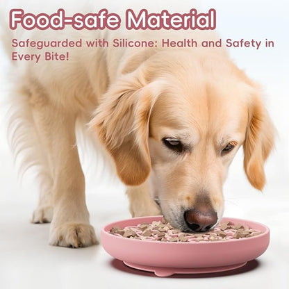 Silicone Slow Feeder Dog Bowl – Pink Bone Pattern | Food-Grade Non-Slip Dog Dish for Anti-Bloat, Fast Eating Prevention, 7.5” x 1.5”, Dishwasher Safe
