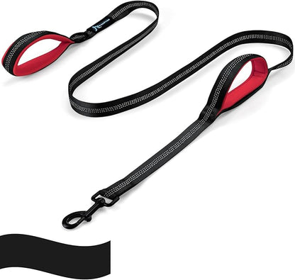 PuppyDoggy Dog Leash for Large Medium Dogs - 6 ft Reflective Stitching Pet Leash with 2 Traffic Padded Handles - Black 1 Pack