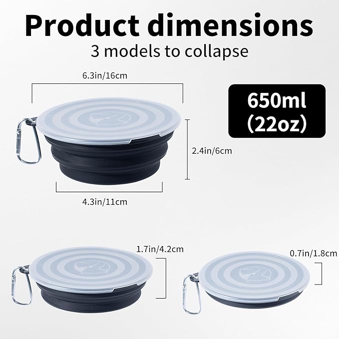SLSON Dog Bowls Pet Collapsible Bowl with Cover Lids,2 Pack Dog Travel Bowls Portable Foldable Cat Water Dish Bowl for Pets Walking Parking Camping (Black and Black, Medium)