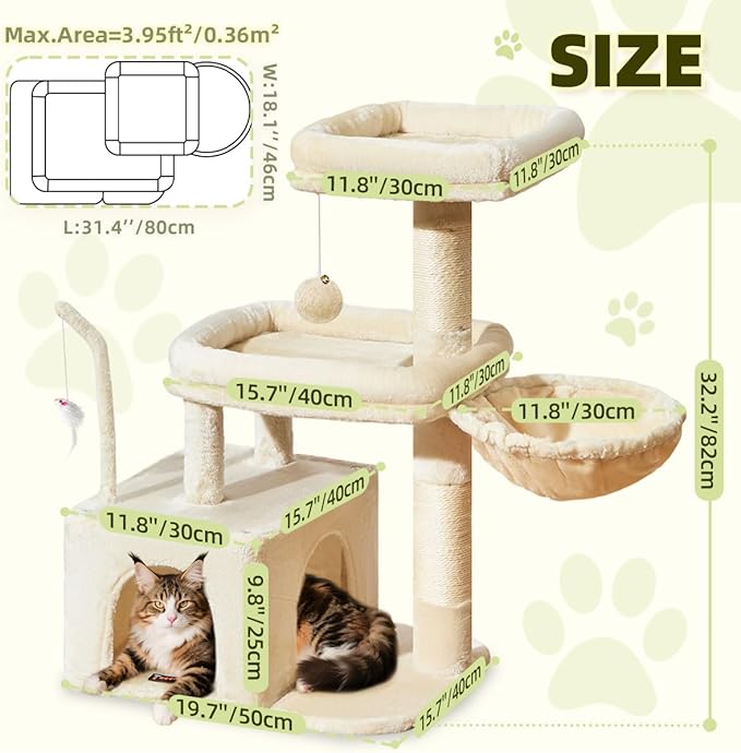 Taoqimiao MS043M Cat Tree, 32.2-Inch Cat Tower for Indoors Cats, Cat Condo with Large Cat Perch, Spacious Cat Cave, Scratching Posts for Small and Medium Cats, Beige