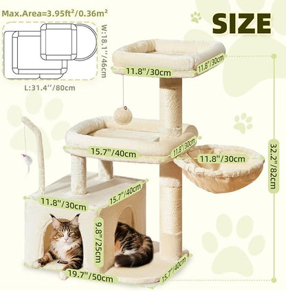 Taoqimiao MS043M Cat Tree, 32.2-Inch Cat Tower for Indoors Cats, Cat Condo with Large Cat Perch, Spacious Cat Cave, Scratching Posts for Small and Medium Cats, Beige