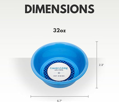 Country Living Set of 2 Non-Slip Durable Blue Powder Coated Stainless Steel Heavy Dog Bowls (32oz) - Rust Resistant, Easy to Clean, Perfect for Medium Size Breeds