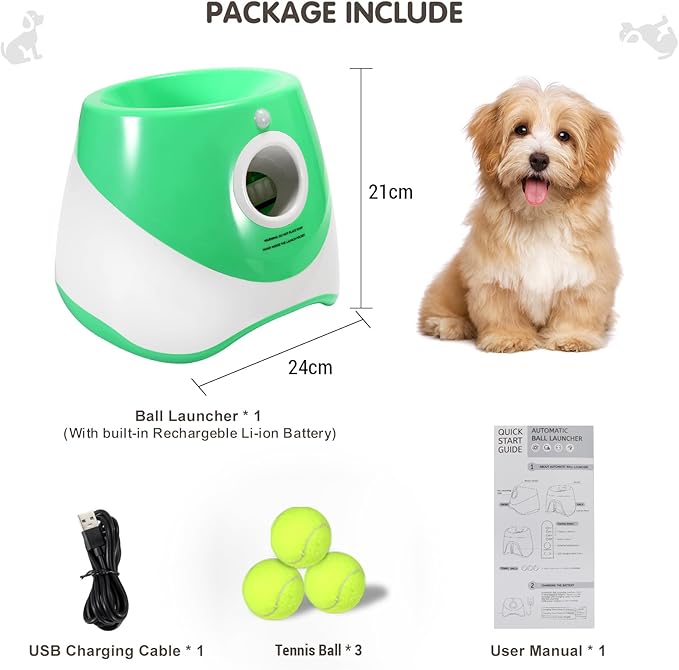 ZJchao Automatic Dog Ball Thrower, Dog Ball Launcher, with 3 Balls with 3 Distance Settings Interactive Tennis Balls Launcher for Dogs Pet Indoors Outdoors Playing (Fluorescent Green)