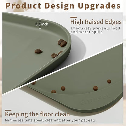 Silicone Pet Food Mat with Raised Edge for Food and Water Bowl, Dog Feeding Mats, Cat Food Trays for Floor Waterproof, Rubber Tray for Dogs and Cats, 24 x 16 x 0.8 Light Olive Green