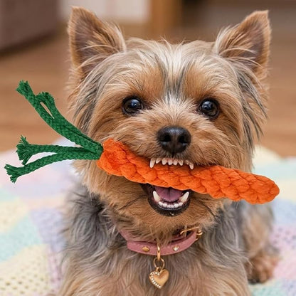 Cotton Rope Dog/Cat Toy, Handmade Braided Carrot Shape Chew Toy, Orange with Green Leaves, 8.66 Inch Length, Durable Pet Dental Toy, (1 Piece Set)
