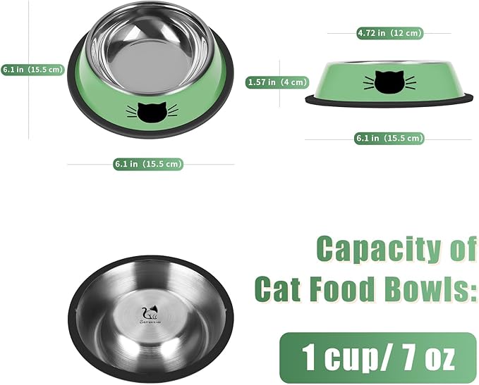 Serentive 2 Pcs Non-Slip Stainless Steel Small Cat Food Bowls - Unbreakable, Thicken 7 Oz Cat Dishes - Indoor, Removable Rubber Base, Easily Clean, Lovely Color