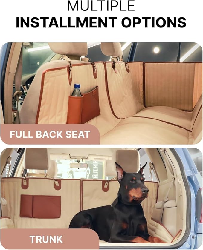 Owleys Back Seat Cover for Dogs with Bungee Dog Seat Belt, Waterproof 600D Oxford Pet Hammock for Car, SUV & Trucks, Premium Faux Leather Accents, Universal Fit, Beige for Summer