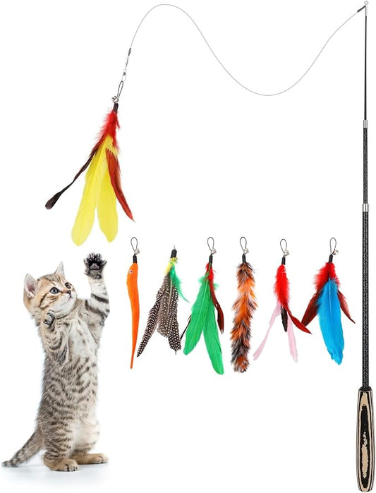 Pawaboo Interactive Cat Toys for Indoor Cats, Cat Wand Toys, Cat Fishing Pole Toy for Kitten Kitty, Cat Feather Teaser Wand Toys (Colorful, Stripes)