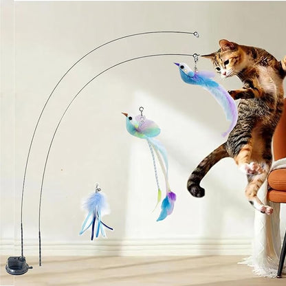 Cat Toys Interactive Hands-Free 6 Pack Cat Toys for Indoor Cats Toy Wand Natural Bird Feather, Suction Cup Pet Indoor Dancing Playing Toys, Suction Cup Pet Dancing Playing