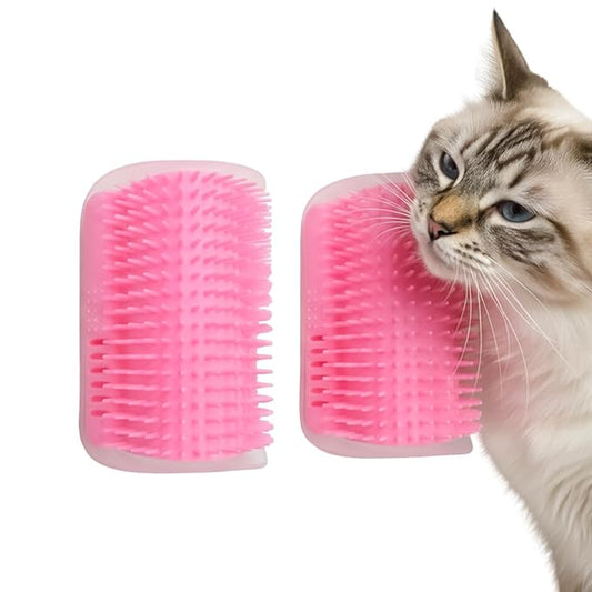 Cat Self Groomer – Wall Corner Grooming Brushes for Cats and Small Pets – Soft Silicone Massage Brush for Shedding Control and Face Rubbing (Pink)