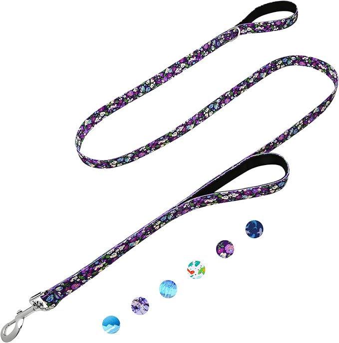 5ft Dog Leash with Two Padded Handles, Cute Girl Dog Leash with Soft Dual Handle, Walking Training Lead for Small Medium Large Dogs, Purple Floral