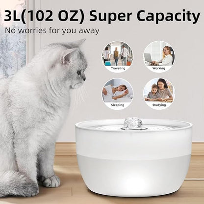 Casfuy W8 Stainless Steel Dog & Cat Water Fountain with LED Light, White, 102-fl oz