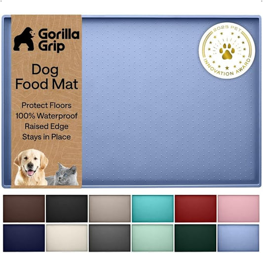 GORILLA GRIP 100% Waterproof Raised Edge BPA Free Silicone Pet Feeding Mat, Dog Cat Food Mats Contain Spills Protects Floors, Placemats for Cats and Dogs Water Bowl, Pets Accessories 28x18 Blue