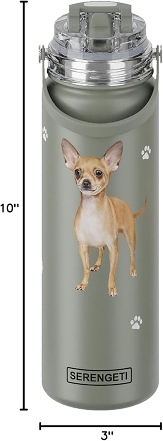 E&S Pets SERENGETI 24 Oz Water Bottle Stainless Steel with Spill Proof Lid - Double walled Vacuum Insulated water flask - Realistic 3D Print of your favorite dog (Chihuahua tan)