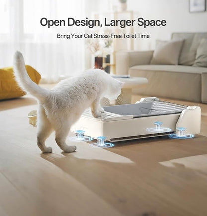 Open Top Automatic Litter Box, Self Cleaning Cat Litter Box with APP Control and Safety Sensor, Dual Rake, Odor Control, Large Capacity for Multiple Cats