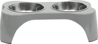Gibson Home Bow Wow Meow 3-Piece Elevated Dog Bowl Set – Bone-Shaped Raised Feeder with 2 Stainless Steel Bowls for Medium to Large Dogs, Non-Slip, Easy to Clean, Grey