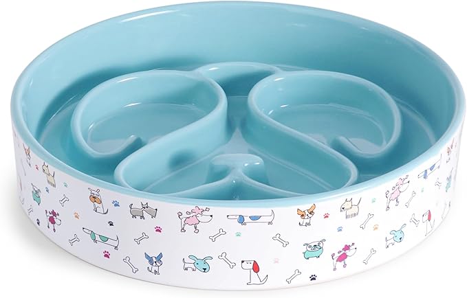 Slow Feeder Dog Bowl, Ceramic Dog Bowls 1.5 Cup Puzzle Feeder - Stops Fast Eating, Prevents Bloat, Choking & Black Chin for Medium/Large Dogs, Blue