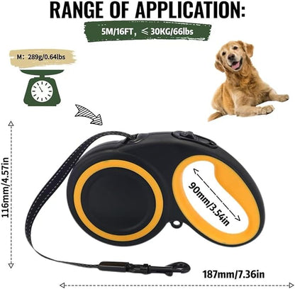 Retractable Dog Leash, 360° Tangle-Free Highly Reflective Nylon Tape, Non-Slip Rubberized Handle, 10-16FT Long Dog Leash for Dogs up to 66LBS,M-Black