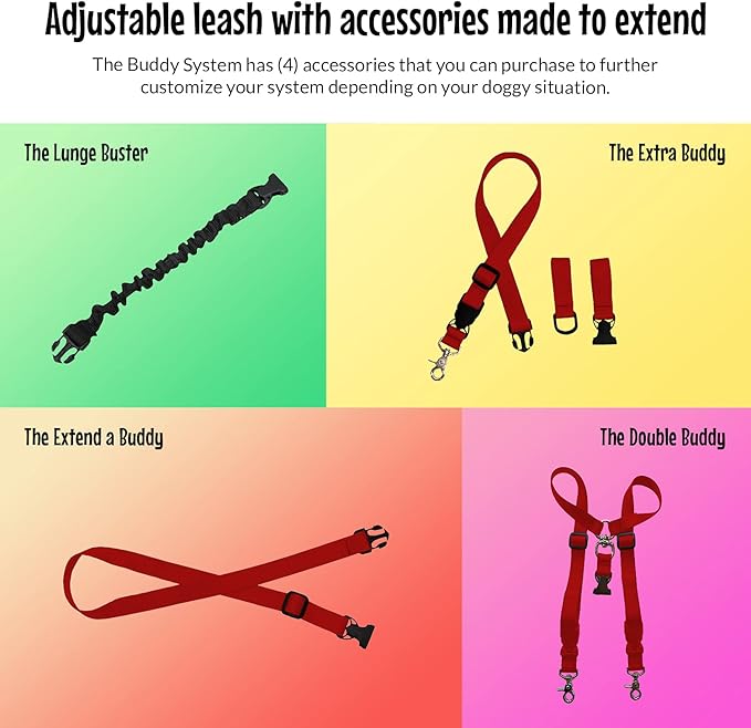 The Buddy System Hands Free Dog Leash, Adjustable Leash for Running, Jogging, Training and Service Dogs, Great for Small, Medium and Large Dogs, Made in USA (Red, Regular Belt (22"- 40" Waist))