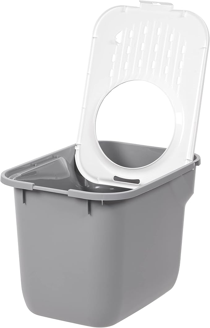 IRIS USA Large Cat Litter Box Top Entry with Lid, Enclosed Litter Box with Litter Catching Lid & Scoop, Covered Cat Litter Box Enclosure for Privacy, High Sided, Gray/White