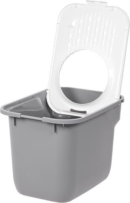 IRIS USA Large Cat Litter Box Top Entry with Lid, Enclosed Litter Box with Litter Catching Lid & Scoop, Covered Cat Litter Box Enclosure for Privacy, High Sided, Gray/White