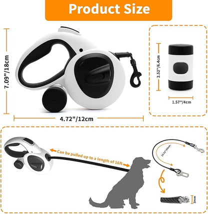 Retractable Dog Leash with USB Rechargeable LED Light, 16 ft Heavy Duty Dog Lead with Poop Bag Holder & Chew Proof Cable, Leash for Small Medium Large Dogs, White