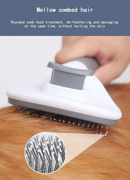 Cat Brush with Release Button, universal for cats and dogs, one click release, brush and flea comb combination set，Pet Hair Comb Tear Stay Removal, knotted skin floating hair tangled fleas (Pink)
