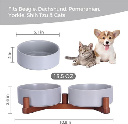Ceramic Dog Bowl and Cat Bowls Set with 15° Adjustable Wood Stand, Non-Slip Weighted Pet Food and Water Bowls, Dual Raised Feeder for Small Dogs, Matte Glaze Pet Dish 13.5oz Set of 2 (Gray & Chestnut)