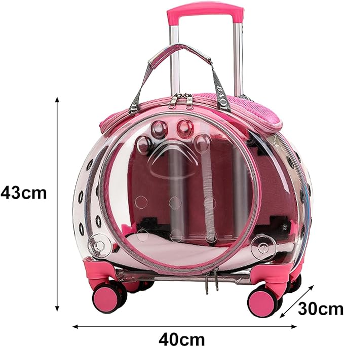 Pet Carrier with Wheels for Cats and Dogs, Clear Hard-Shell Rolling Pet Carrier with Retractable Handle, Airline-Approved Travel Carrier, Portable Cat and Dog Stroller (Pink)
