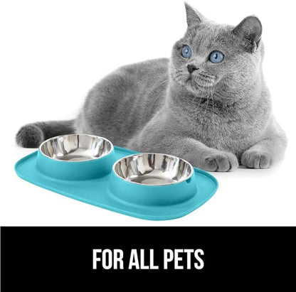 GORILLA GRIP Feeding Mat Bowl Set, 100% Waterproof BPA Free Silicone, 304 Stainless Steel Cat and Dog Bowls for Food and Water, Slip Resistant, High Edge, US Designed, Patent Pending, 2 Cup Turquoise