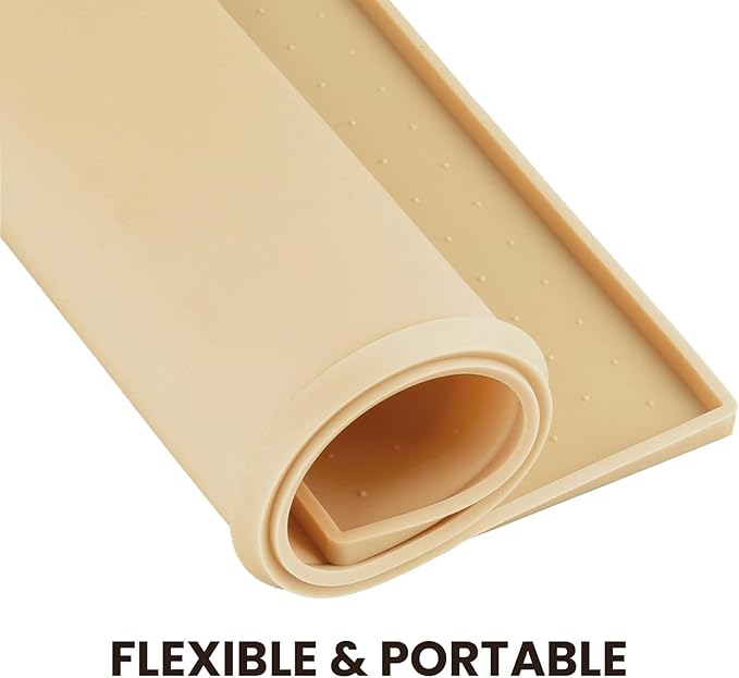 VIVAGLORY Dog Bowl Mat Grippymat Pet Food Mat, Waterproof Washable Nonslip Silicone for Pet & Cat, Food and Water Placemat with Lip & Raised Edges for Indoor Floor, L, Beige Yellow