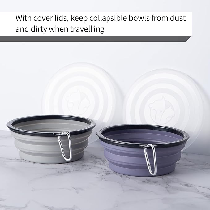 SLSON Dog Bowls Pet Collapsible Bowl with Cover Lids,2 Pack Dog Travel Bowls Portable Foldable Cat Water Dish Bowl for Pets Walking Parking Camping (Taro Purple and Concrete Gray, Large)
