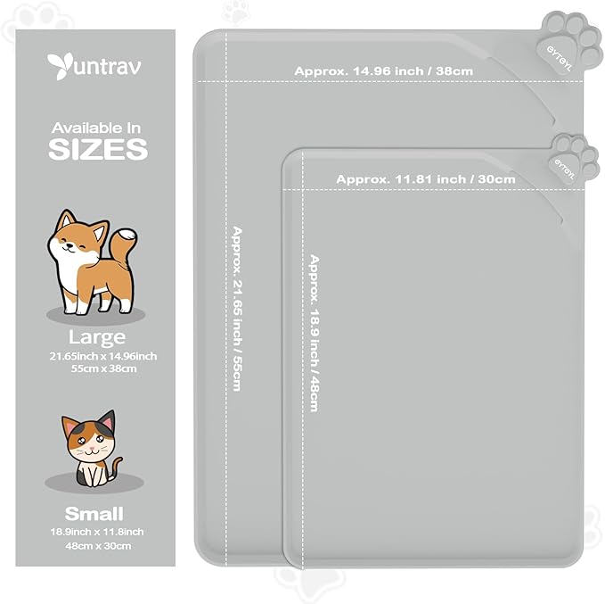 Waterproof Raised Edge BPA Free Silicone Pet Feeding Mat-Multiple Colors，Dog Cat Food Mats Contain Spills Protects Floors, Placemats for Cats and Dogs Water Bowl, Pets Accessories 22x15 Gray