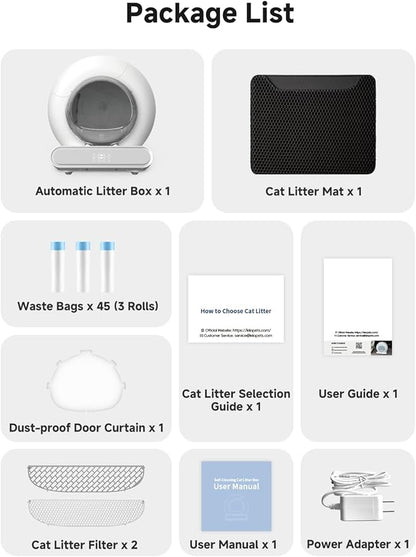 Self Cleaning Litter Box, Integrated Safety Automatic Cat Litter Box Self Cleaning 65L+9L for Multiple Cats, App Control, Odor Removal, Includes Mat & Liner (3 Rolls) - White
