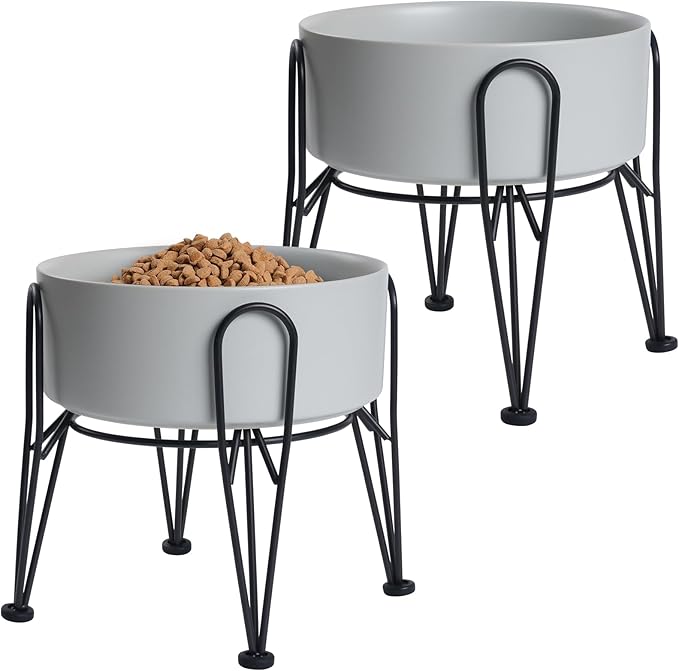Elevated Dog Bowls, Ceramic Raised Dog Bowl Set with Anti-Slip and Non-Tip Metal Stand, 2 Pack Pet Food and Water Feeding Bowls for Small and Medium Dogs (Gray,7.6 Cups)