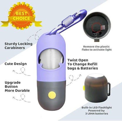 Dog Poop Bag Dispenser with Built-in LED Flashlight and Metal Clip for Leash, Pet Waste Bag Holder, Dog Walking Accessory (Purple)