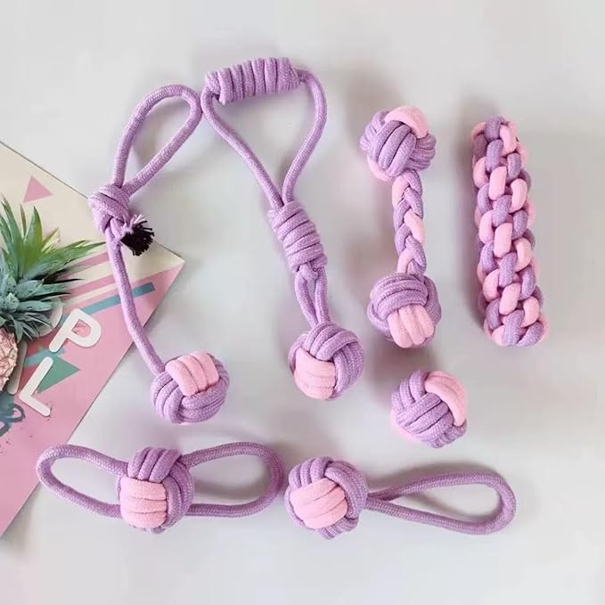 Dog Rope Toys, 7 Piece Cotton Teething and Chewing Set, Purple and Pink (Picture Color)