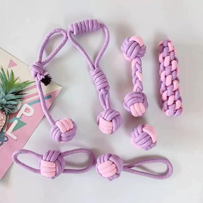Dog Rope Toys, 7 Piece Cotton Teething and Chewing Set, Purple and Pink (Picture Color)