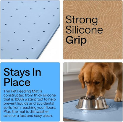 GORILLA GRIP 100% Waterproof Raised Edge BPA Free Silicone Pet Feeding Mat, Dog Cat Food Mats Contain Spills Protects Floors, Placemats for Cats and Dogs Water Bowl, Pets Accessories 28x18 Blue