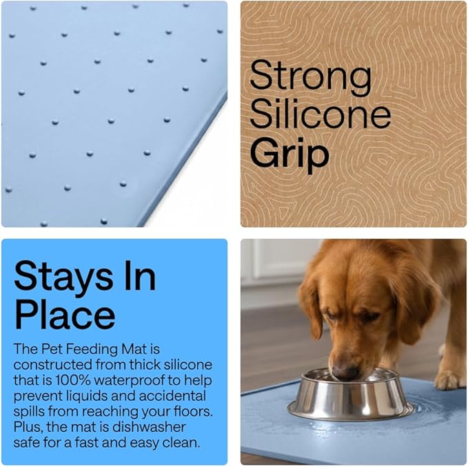 GORILLA GRIP 100% Waterproof Raised Edge BPA Free Silicone Pet Feeding Mat, Dog Cat Food Mats Contain Spills Protects Floors, Placemats for Cats and Dogs Water Bowl, Pets Accessories 32x24 Blue