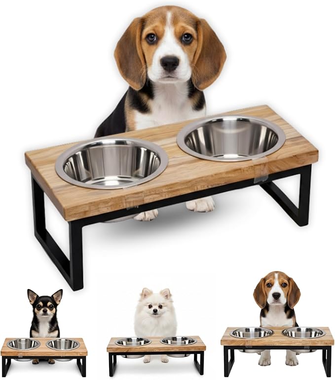 Elevated Dog Bowls, Medium 5.2 Height Mango Wood Raised Dog Bowl Iron Stand Frame with 64oz 2 Pcs Stainless Steel Pets Dishes, Food & Water 8Cup, 1.9L Capacity Nonslip Cat Feeding Station