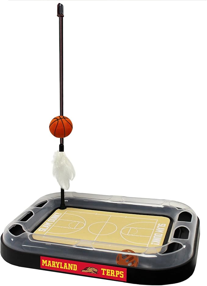 Cat Scratch Toy NCAA Maryland Terrapins Reversible Basketball Court Felt/Cardboard Cat Scratcher Toy. Interactive Cat Ball Bell in Tracks. 6-in-1 CAT Toy: Cat Wand Poll Catnip-Filled Plush Basketball