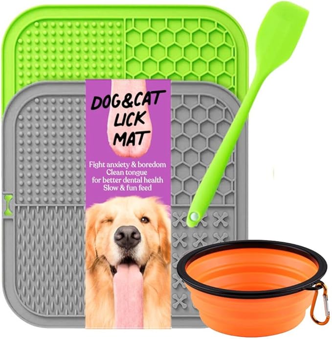 Dog Lick Mat that Keeps Dogs Calm & Busy – Silicone Enrichment Feeding Mat with Strong Suction Cups + Collapsible Travel Bowl – Slow Feeder for Bath, Grooming & Training