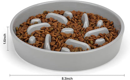 Ceramic Slow Feeder Dog Bowl, 8.3 inch Dog Food Bowls for Small, Medium, and Large Breed, Anti-Slip Puzzle Food Dish to Slow Down Eating (Grey, 8.3 in)