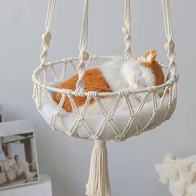 Cat Hammock Bed, 12x43Inch Handwoven Hanging Boho Cat Bed with Hanging Kit for Indoor Outdoor Home Decor Ceiling Swing for Playing Sleeping Climbing and Lounging, Wall Furniture (Round+Pad)