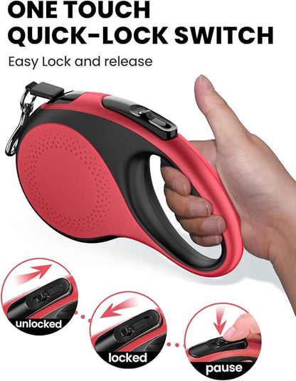 Retractable Dog Leash with Led Light, Douexio 16ft Heavy Duty Dog Leash Retractable for Medium Large Dogs Up to 110lbs,360° Tangle-Free, One-Button Control, High Strength Hook (Red, 66-110lbs)