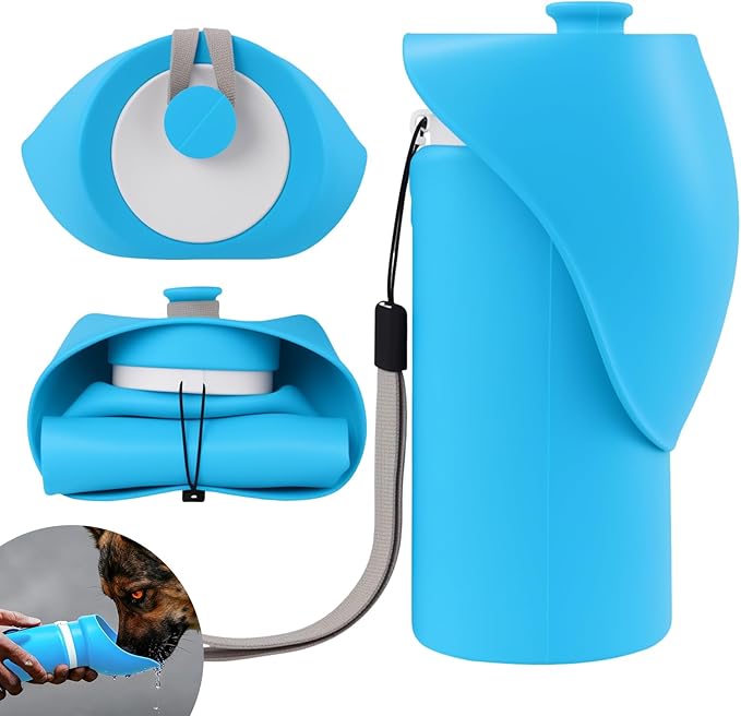 Jalopink Portable Dog Water Bottle, 2-in-1 Leak Proof & Collapsible Silicone Pet Dispenser with Built-in Bowl, Food Grade Travel Cup for Walking, Hiking (19oz/550ml, Blue)